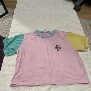 Cute pink blue and yellow mushroom crop top